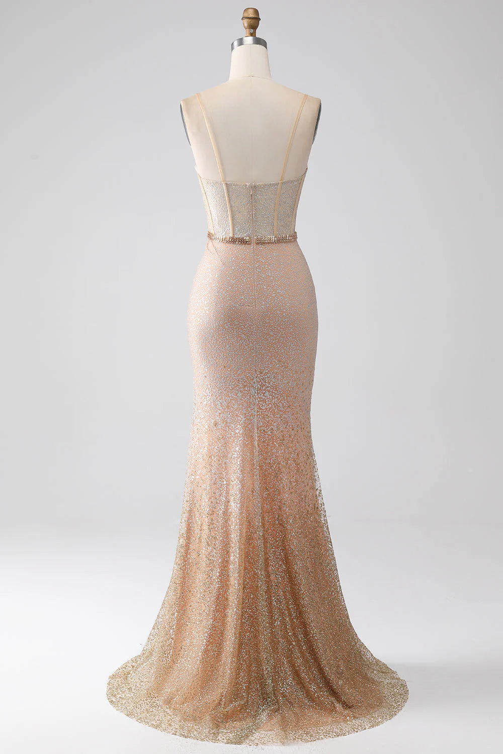 Sparkly Champagne Mermaid Spaghetti Straps Long Corset Prom Dress with Slit