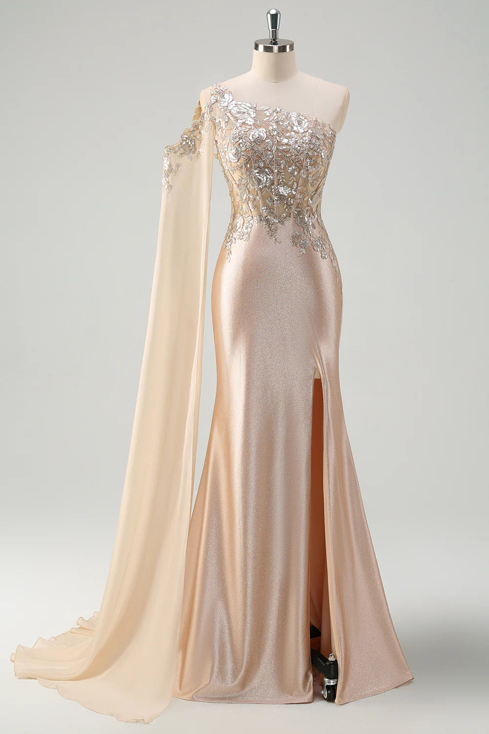 Sparkly Champange Mermaid One Shoulder Corset Long  Dress With Slit