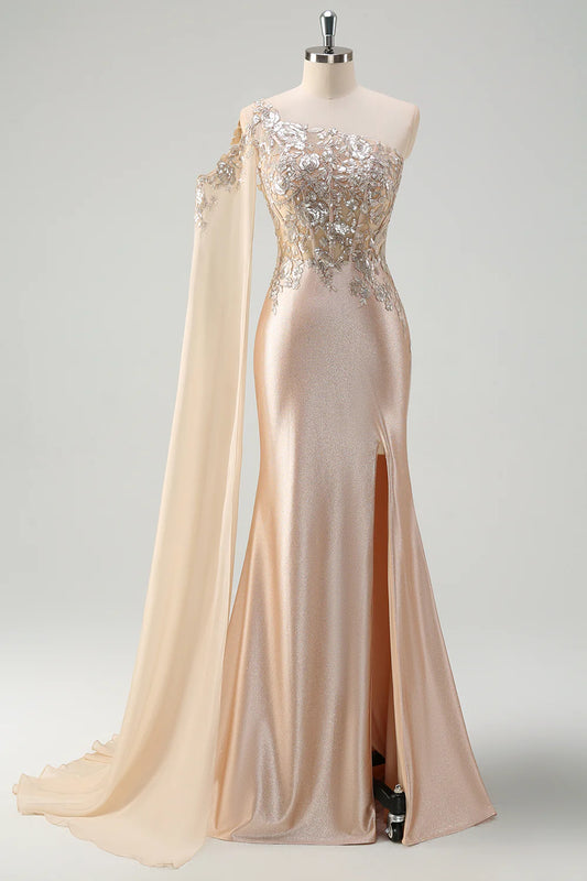 Sparkly Champange Mermaid One Shoulder Corset Long  Dress With Slit