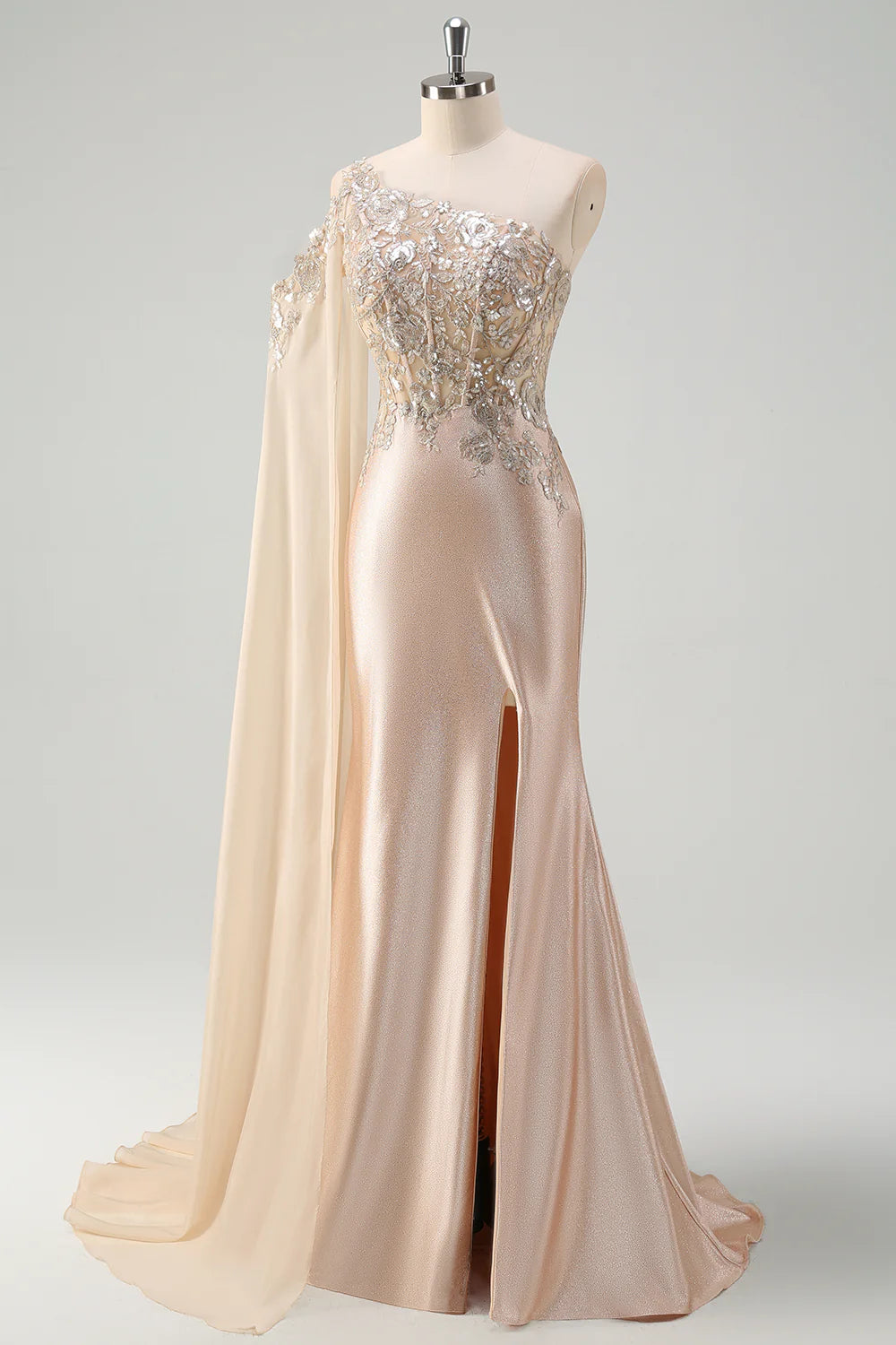 Sparkly Champange Mermaid One Shoulder Corset Long  Dress With Slit