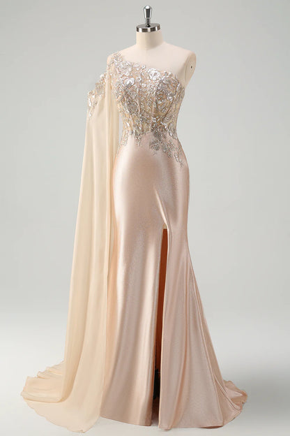 Sparkly Champange Mermaid One Shoulder Corset Long  Dress With Slit