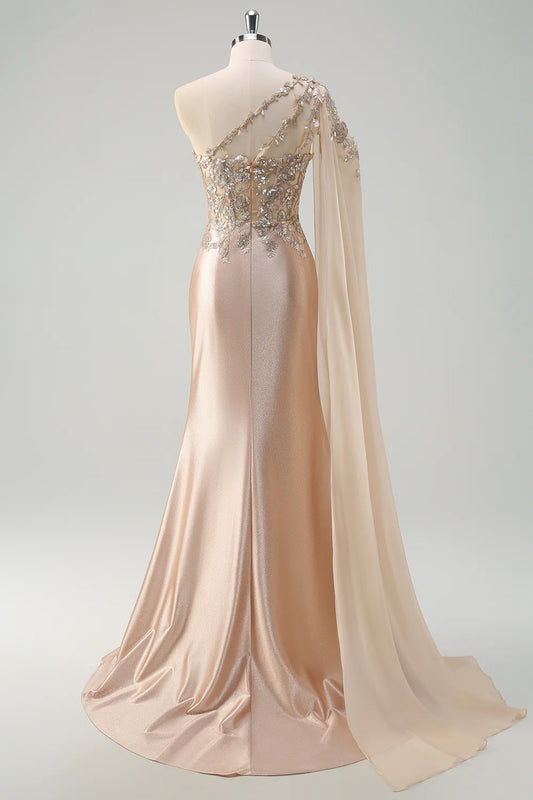 Sparkly Champange Mermaid One Shoulder Corset Long  Dress With Slit