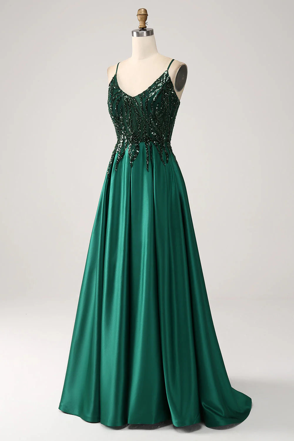 Sparkly Dark Green A-Line Spaghetti Straps Long Prom Dress With Sequins