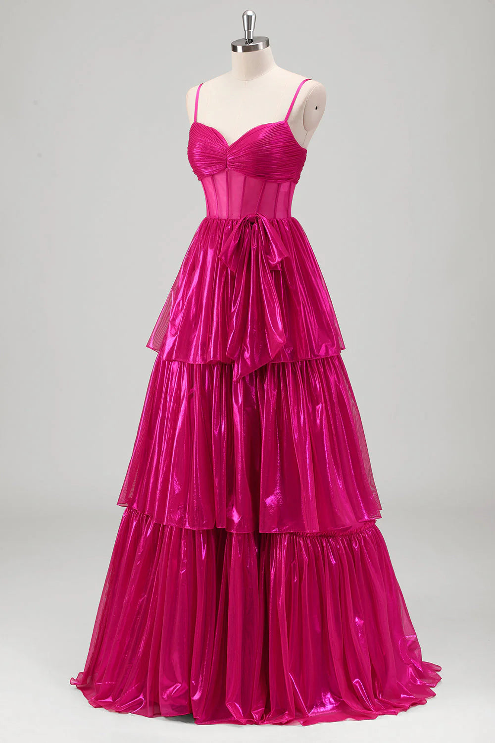 Sparkly Fuchsia A-Line Spaghetti Straps Corset Tiered Metallic Prom Dress with Bow