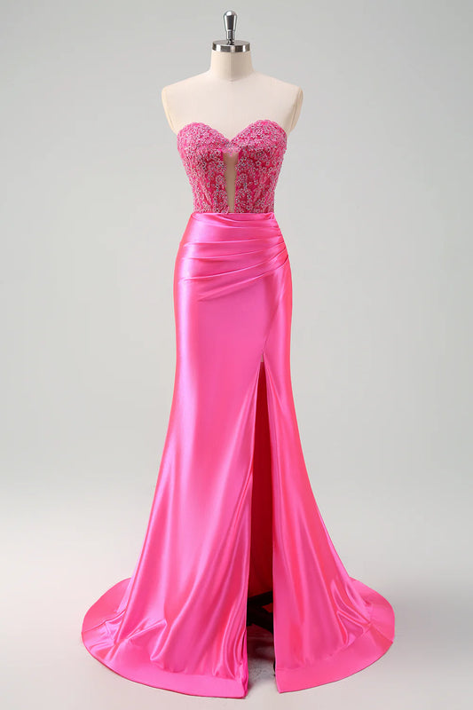 Sparkly Fuchsia Mermaid Strapless Pleated Prom Dress With Beading
