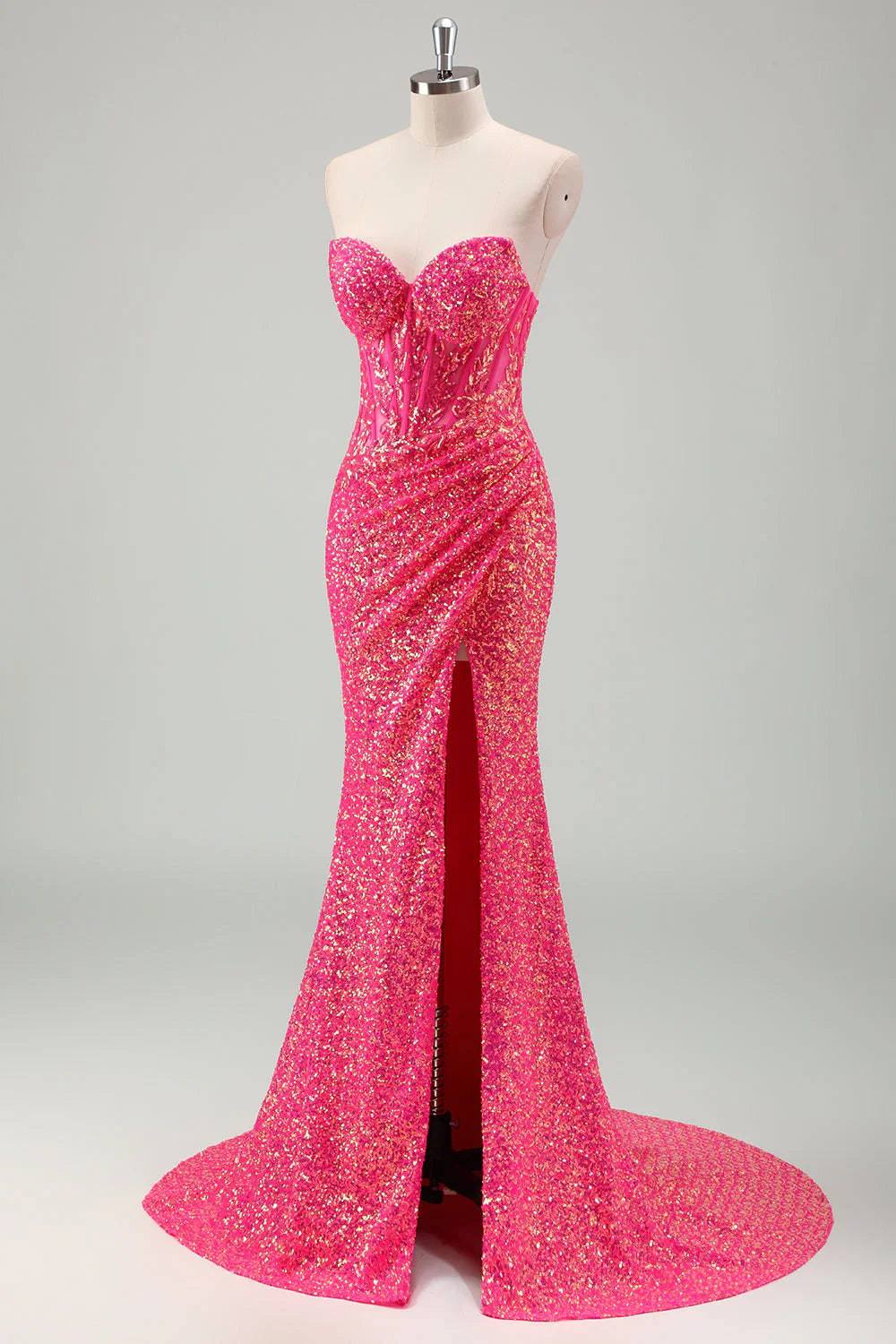 Sparkly Fuchsia Mermaid Sweetheart Corset Sequins Long Prom Dress with Slit