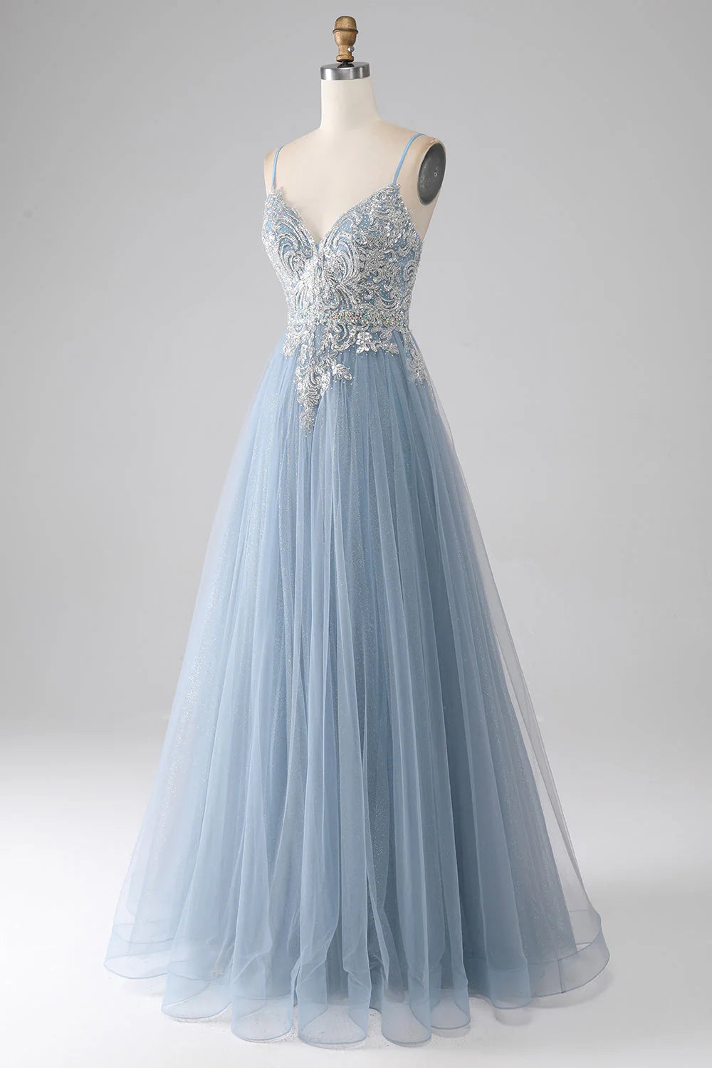 Sparkly Grey Blue Mermaid Spaghetti Straps Sequin Long Prom Dress