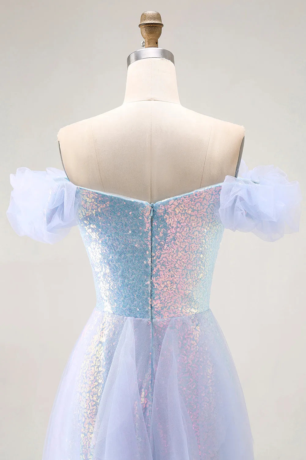 Sparkly Light Blue A-Line Off the Shoulder Sleeveless Sequin Tiered Tulle Floor-Length Prom Dress with Ruffles