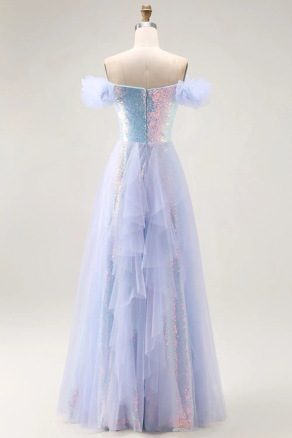 Sparkly Light Blue A-Line Off the Shoulder Sleeveless Sequin Tiered Tulle Floor-Length Prom Dress with Ruffles