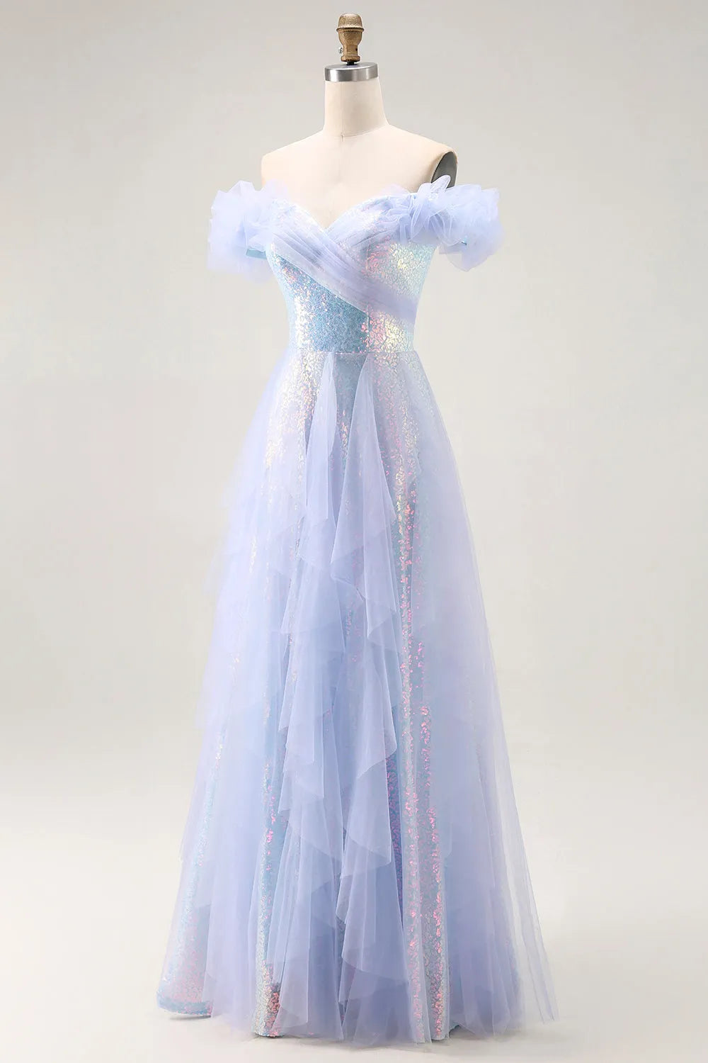 Sparkly Light Blue A-Line Off the Shoulder Sleeveless Sequin Tiered Tulle Floor-Length Prom Dress with Ruffles