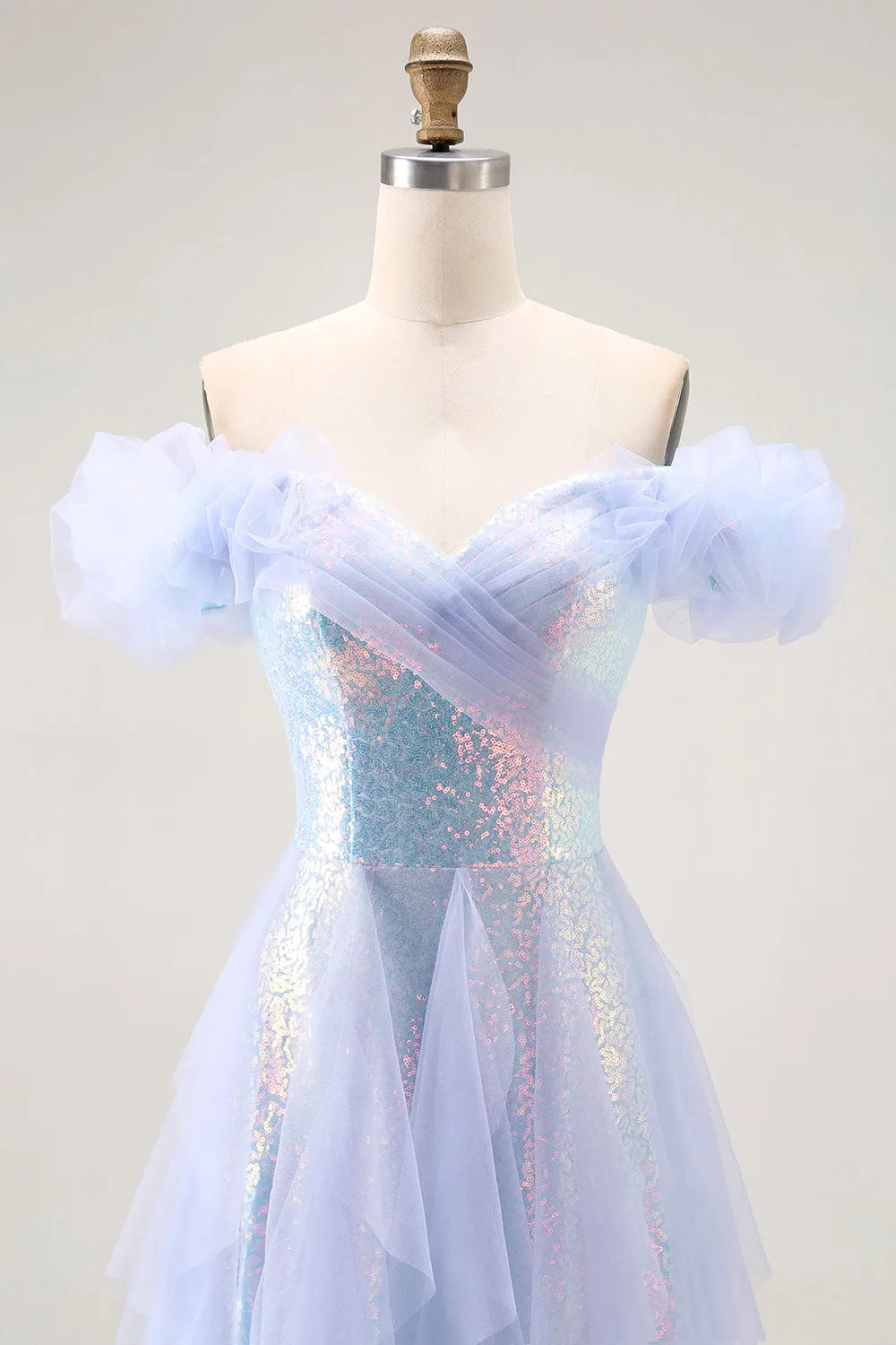 Sparkly Light Blue A-Line Off the Shoulder Sleeveless Sequin Tiered Tulle Floor-Length Prom Dress with Ruffles
