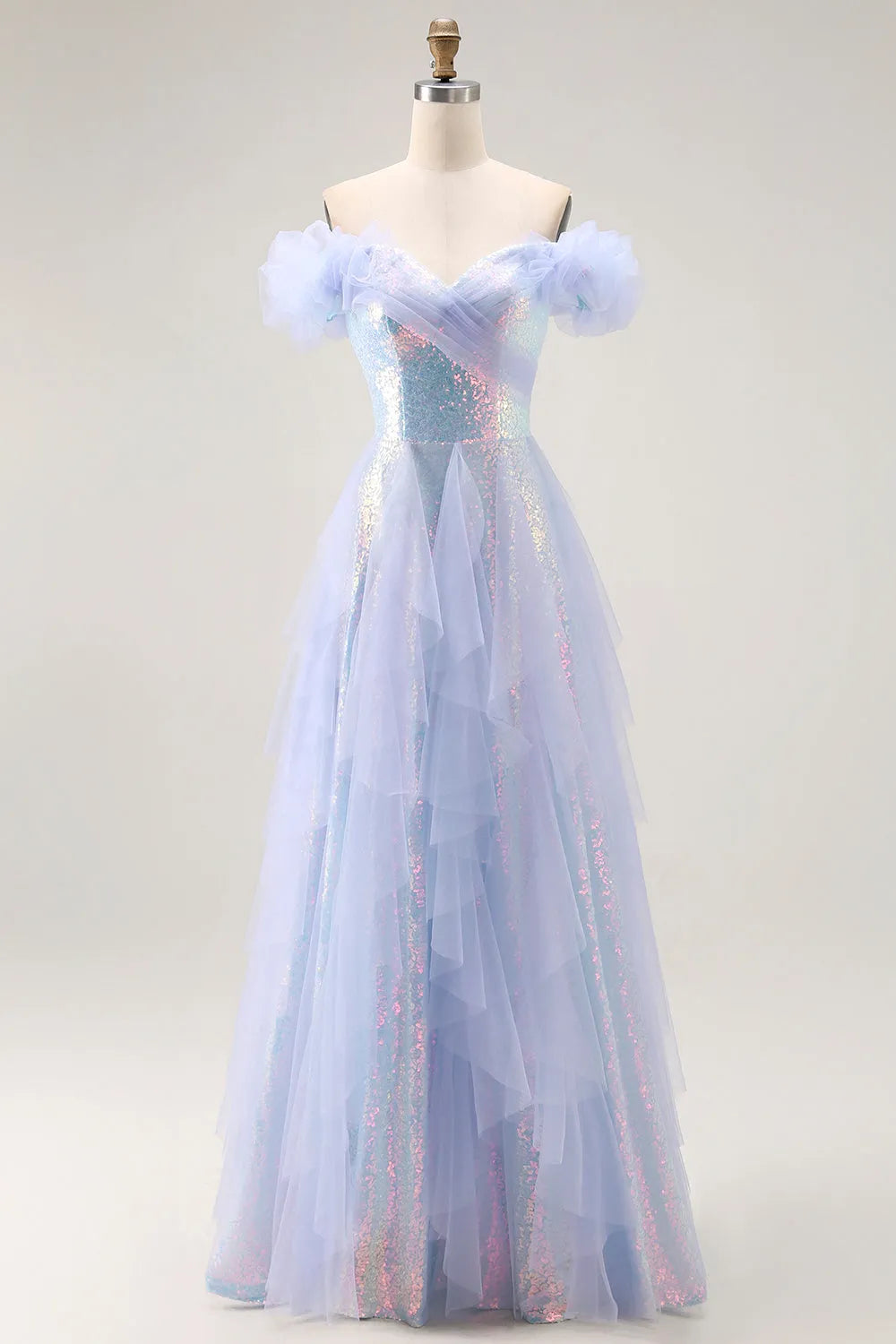 Sparkly Light Blue A-Line Off the Shoulder Sleeveless Sequin Tiered Tulle Floor-Length Prom Dress with Ruffles