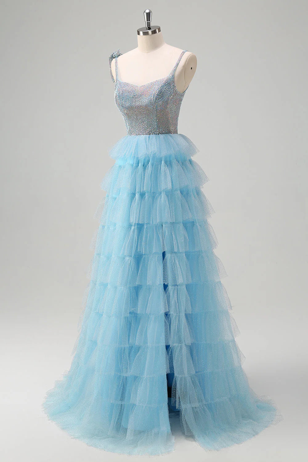 Sparkly Light Blue A-Line Spaghetti Straps Beaded Tiered Prom Dress with Ruffle Slit