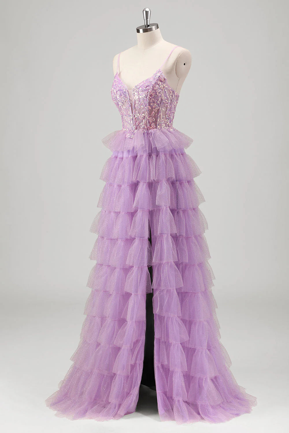 Sparkly Lilac A-Line Corset Sequins Tiered Prom Dress with Ruffle Slit