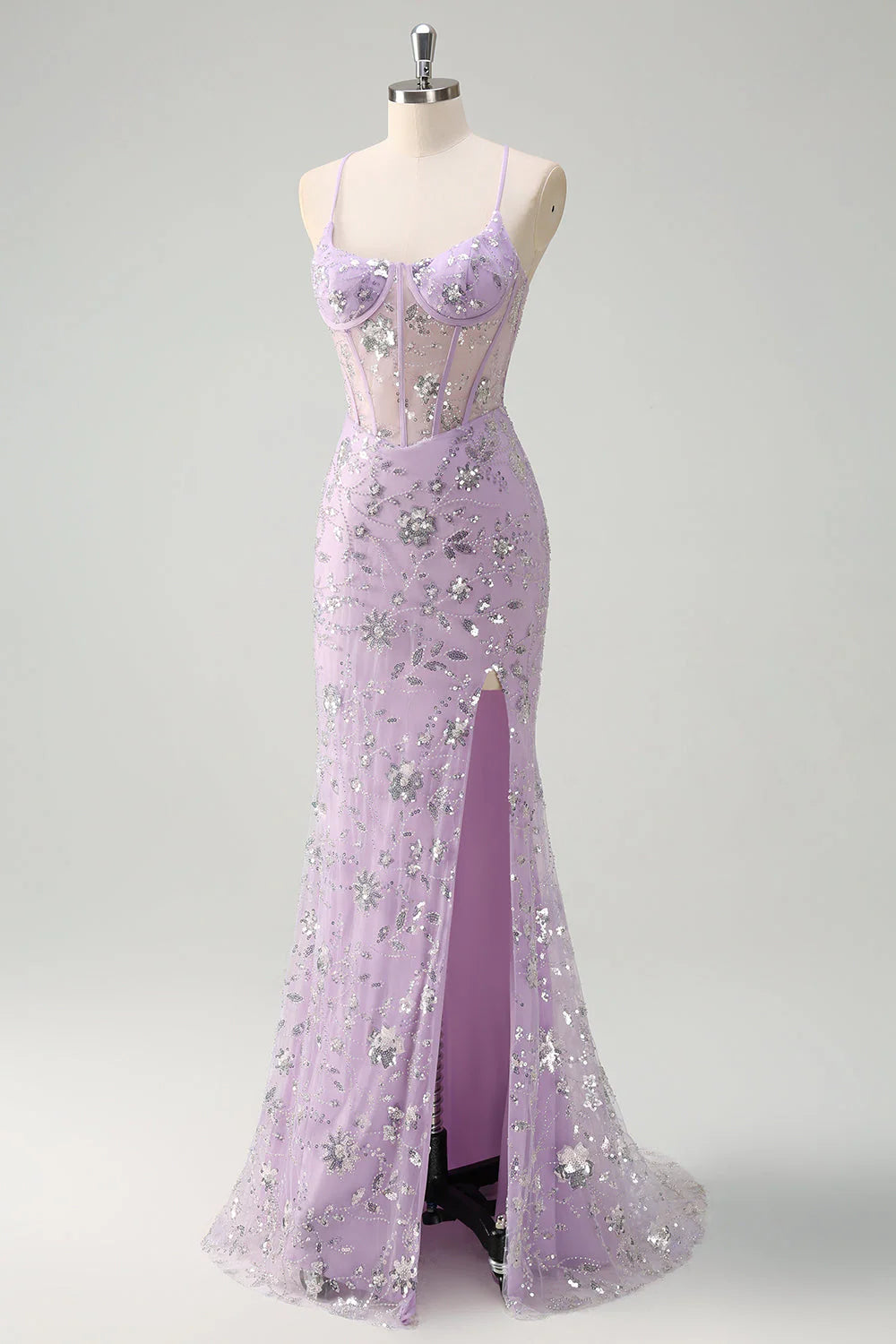 Sparkly Lilac Mermaid Spaghetti Straps Corset Sequin Prom Dress with Slit