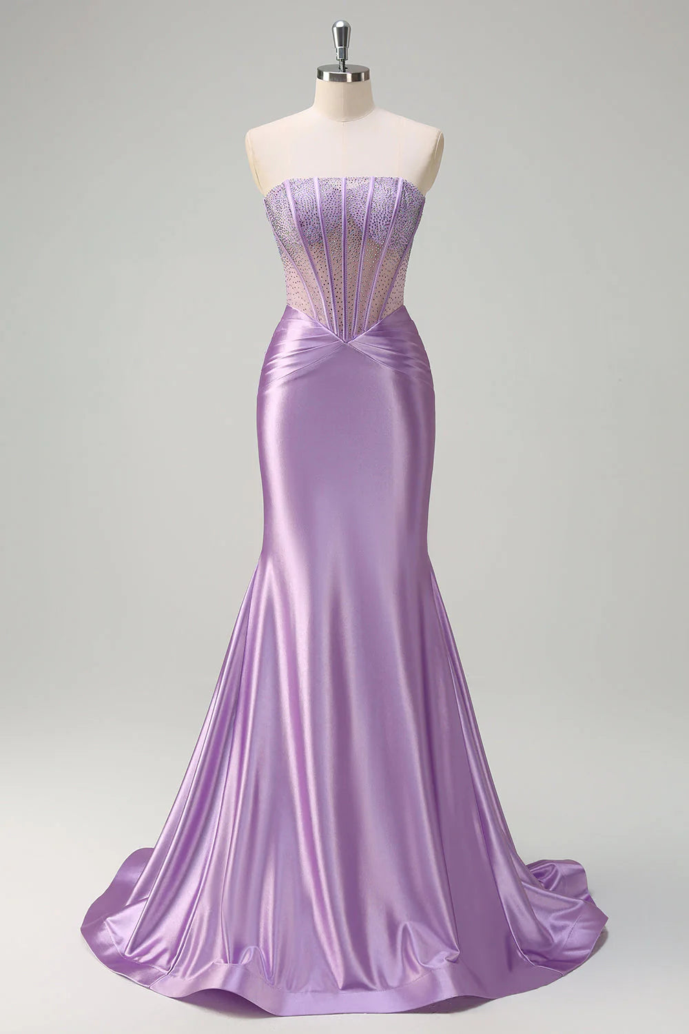 Sparkly Lilac Mermaid Strapless Sheer Corset Ruched Long Prom Dress with Beading