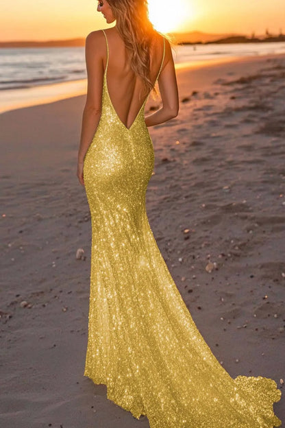 Sparkly Mermaid Deep V-Neck Spaghetti Strap Open-Back Floor-Length Prom Dresses hot sale