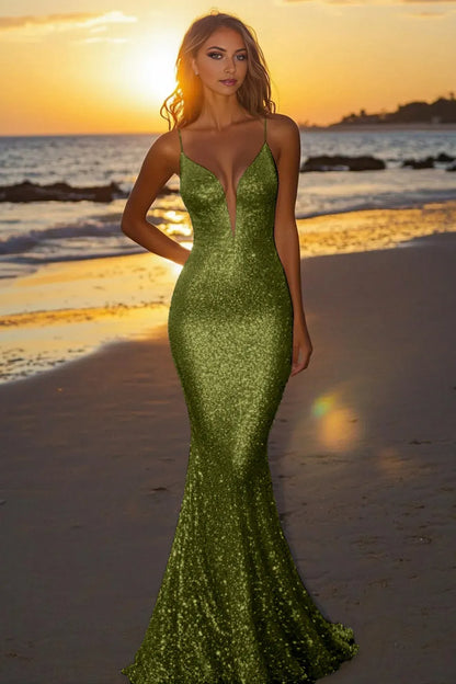 Sparkly Mermaid Deep V-Neck Spaghetti Strap Open-Back Floor-Length Prom Dresses hot sale