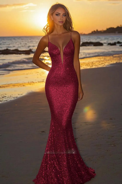 Sparkly Mermaid Deep V-Neck Spaghetti Strap Open-Back Floor-Length Prom Dresses hot sale