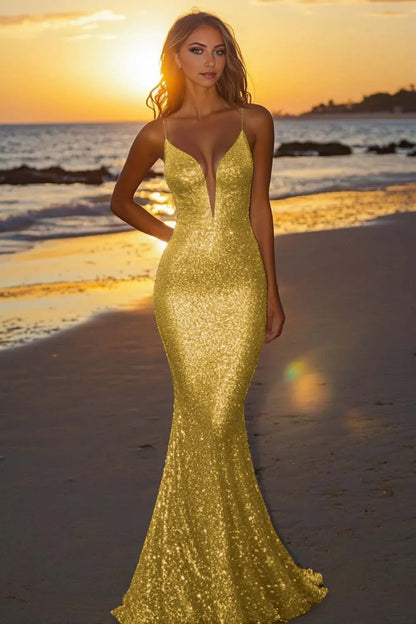 Sparkly Mermaid Deep V-Neck Spaghetti Strap Open-Back Floor-Length Prom Dresses hot sale