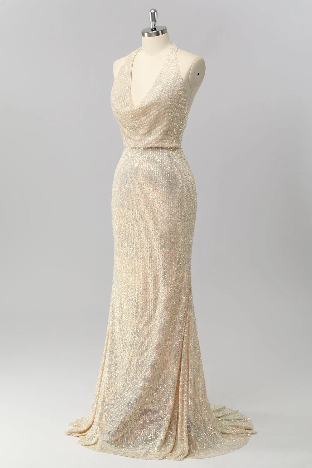 Sparkly Mermaid Halter Neck Sleeveless Sequin Open Back Floor -Length Prom Dress for women Hot Sale