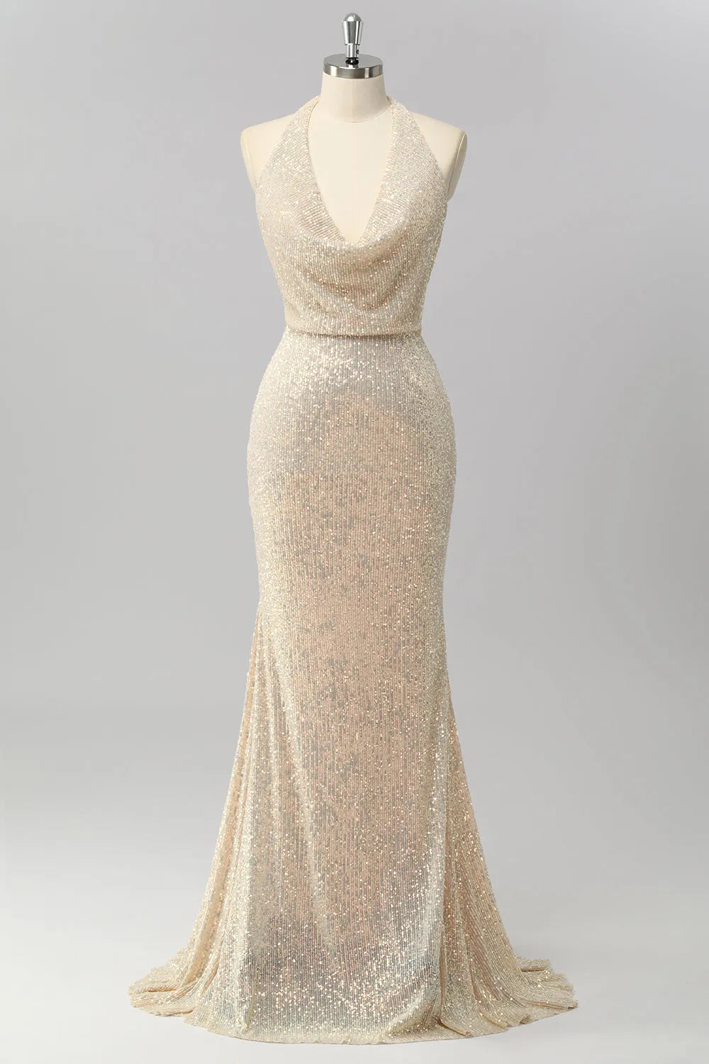 Sparkly Mermaid Halter Neck Sleeveless Sequin Open Back Floor -Length Prom Dress for women Hot Sale
