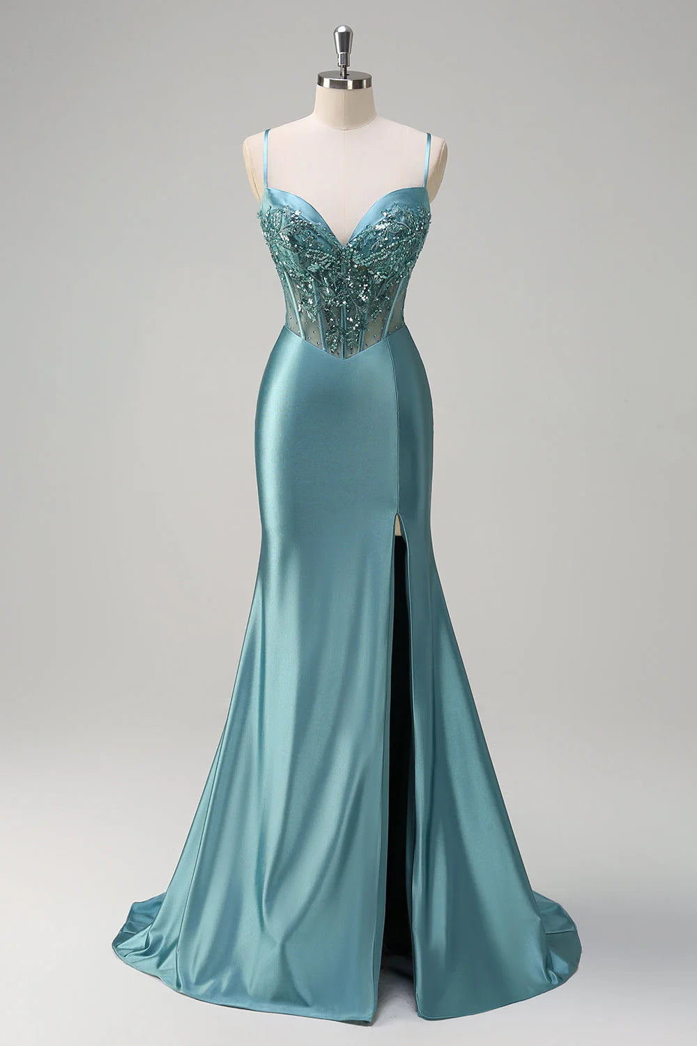 Sparkly Mermaid Lace Up Back Corset Grey Green Long Prom Dress with Slit