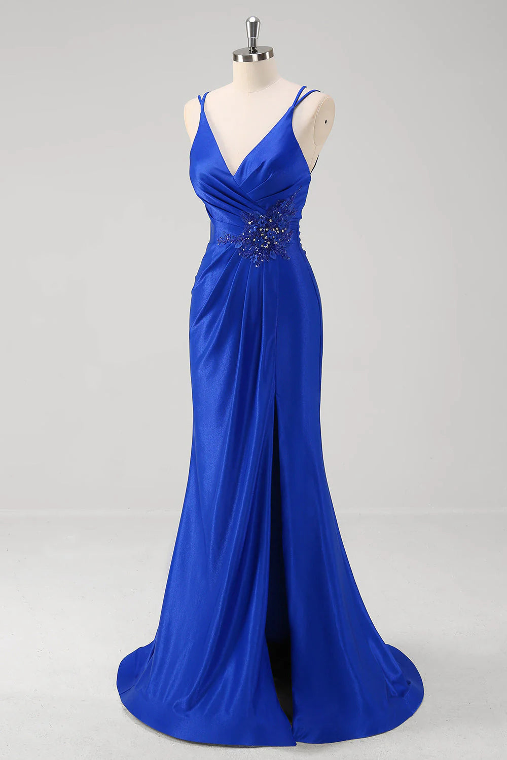 Sparkly Mermaid Spaghetti Straps Ruched Long Royal Blue Prom Dress With Slit