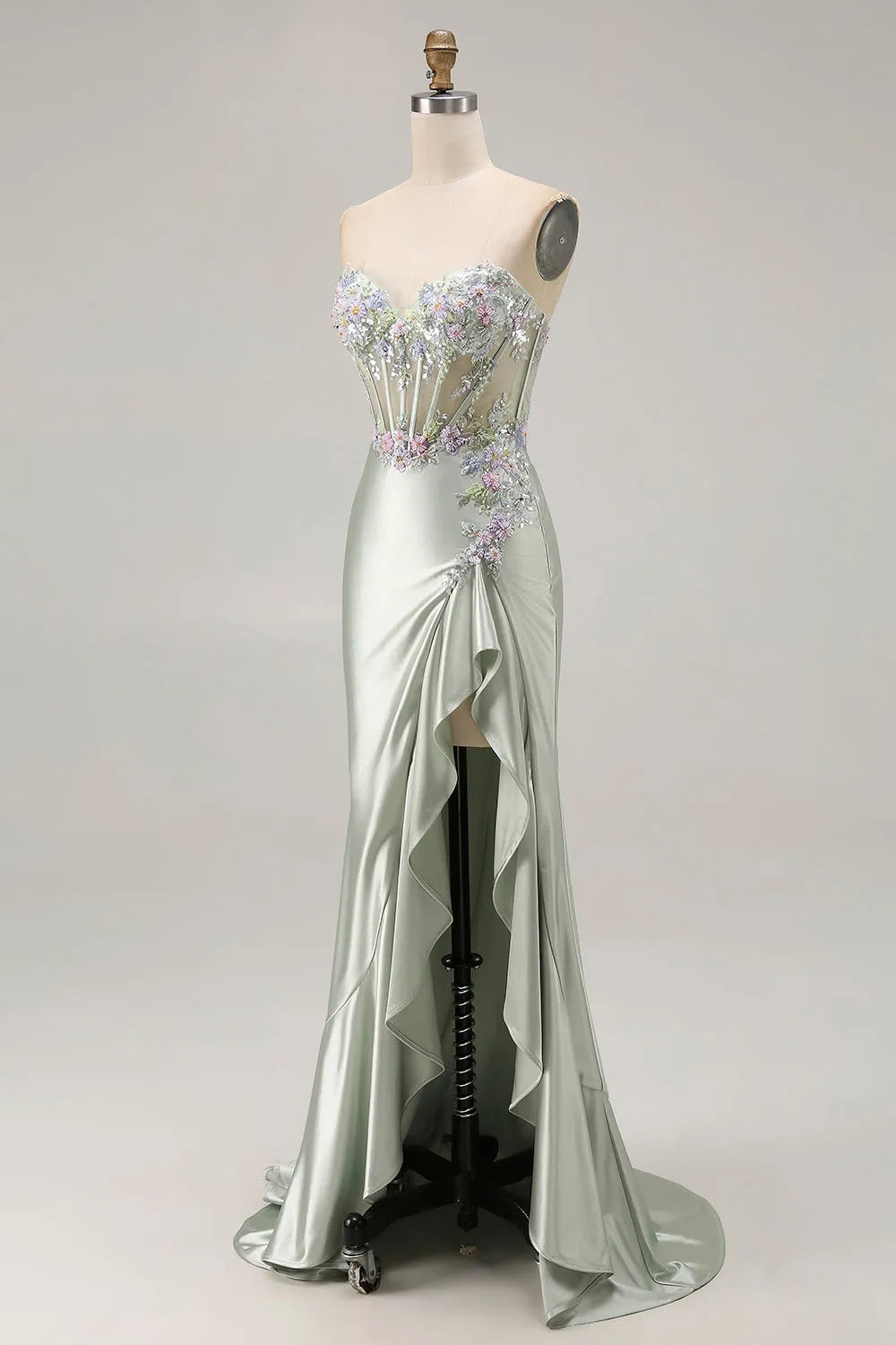 Sparkly Mermaid Strapless Sleeveless Back Zip Floral-Embellished Sheer Bodice High-Slit Satin Floor-Length Prom Dresses