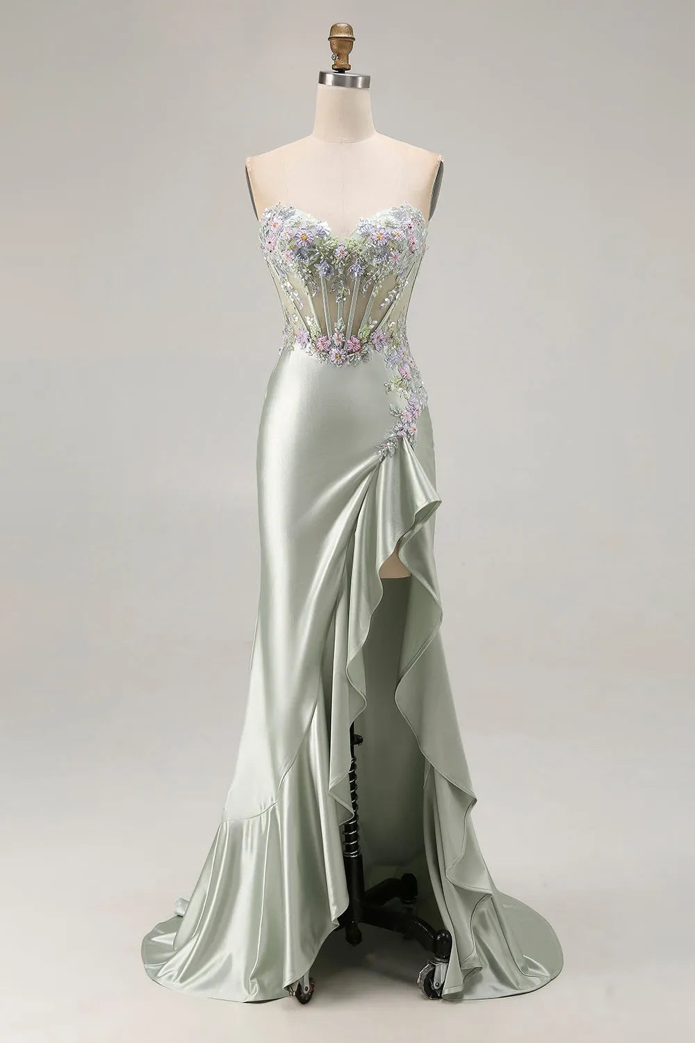 Sparkly Mermaid Strapless Sleeveless Back Zip Floral-Embellished Sheer Bodice High-Slit Satin Floor-Length Prom Dresses