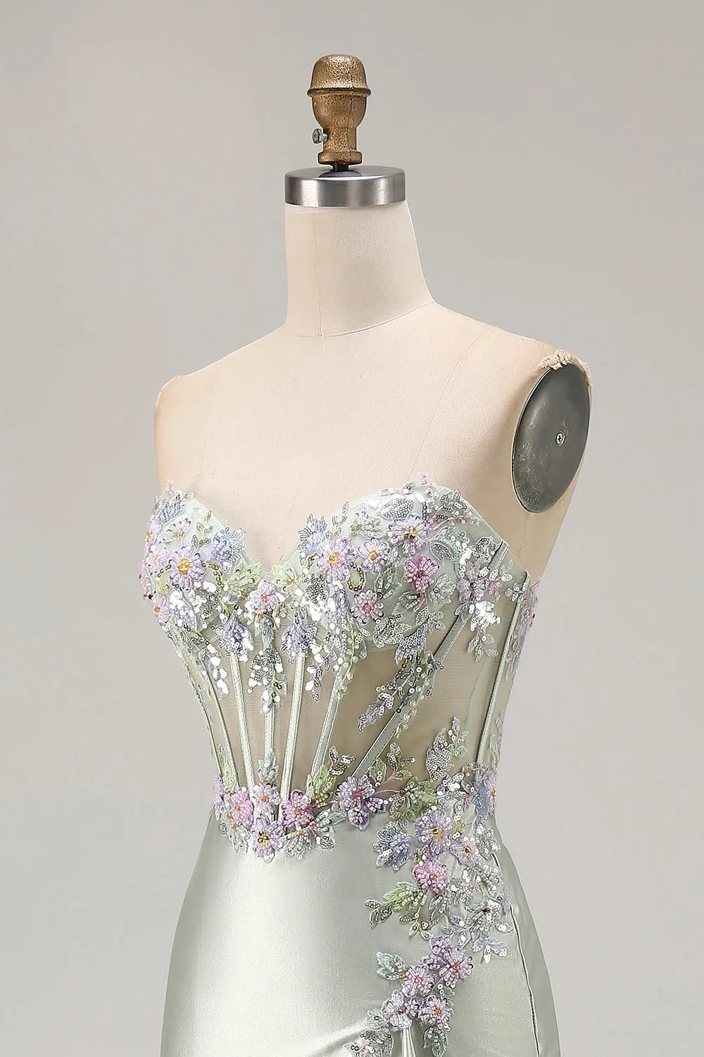 Sparkly Mermaid Strapless Sleeveless Back Zip Floral-Embellished Sheer Bodice High-Slit Satin Floor-Length Prom Dresses