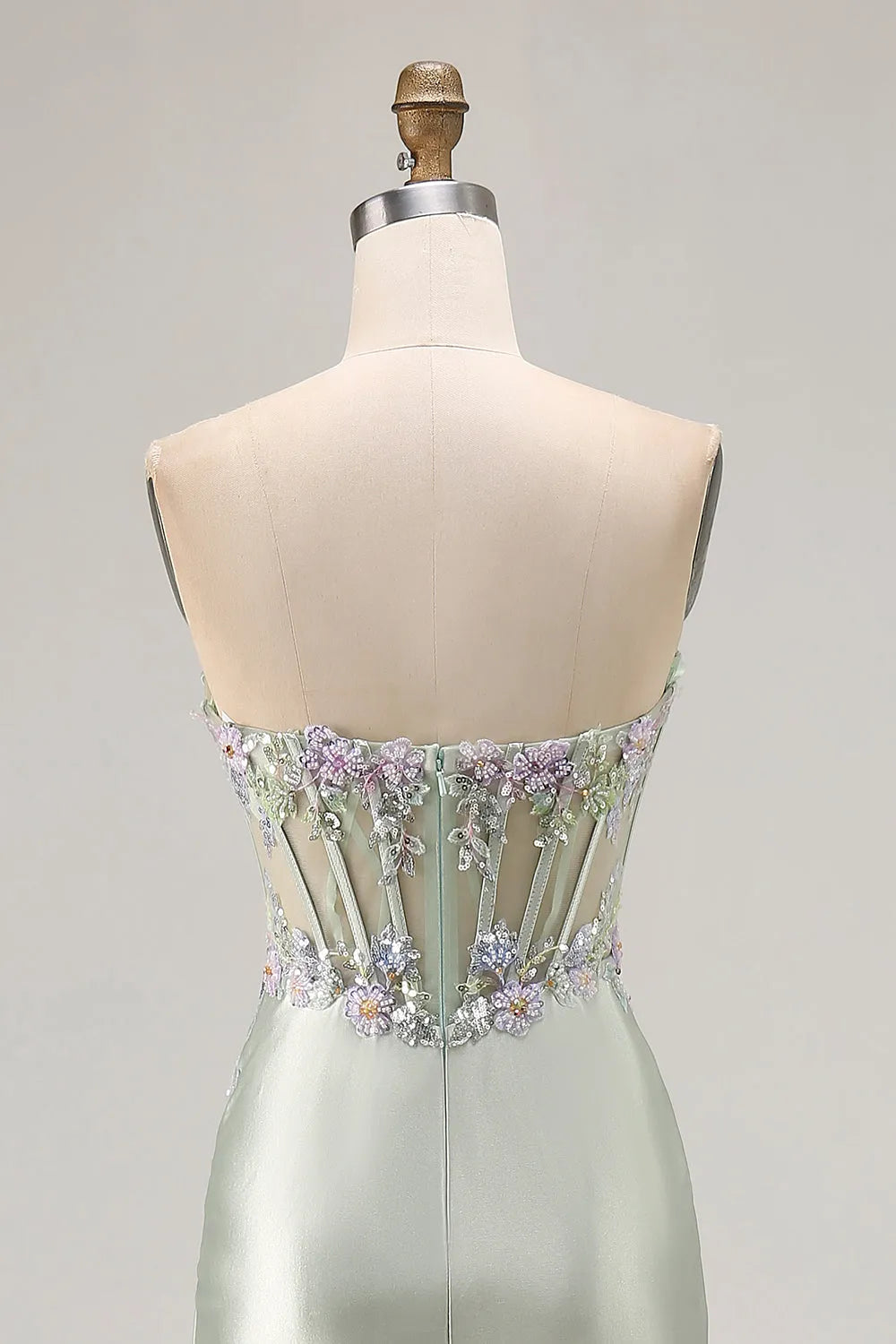 Sparkly Mermaid Strapless Sleeveless Back Zip Floral-Embellished Sheer Bodice High-Slit Satin Floor-Length Prom Dresses