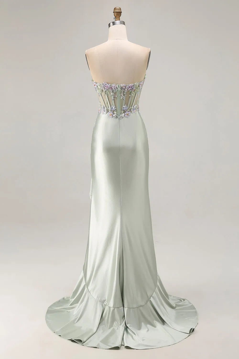 Sparkly Mermaid Strapless Sleeveless Back Zip Floral-Embellished Sheer Bodice High-Slit Satin Floor-Length Prom Dresses