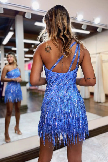 Sparkly One Shoulder Short Tight Sequin Homecoming Dress With Fringe