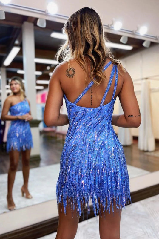 Sparkly One Shoulder Short Tight Sequin Homecoming Dress With Fringe