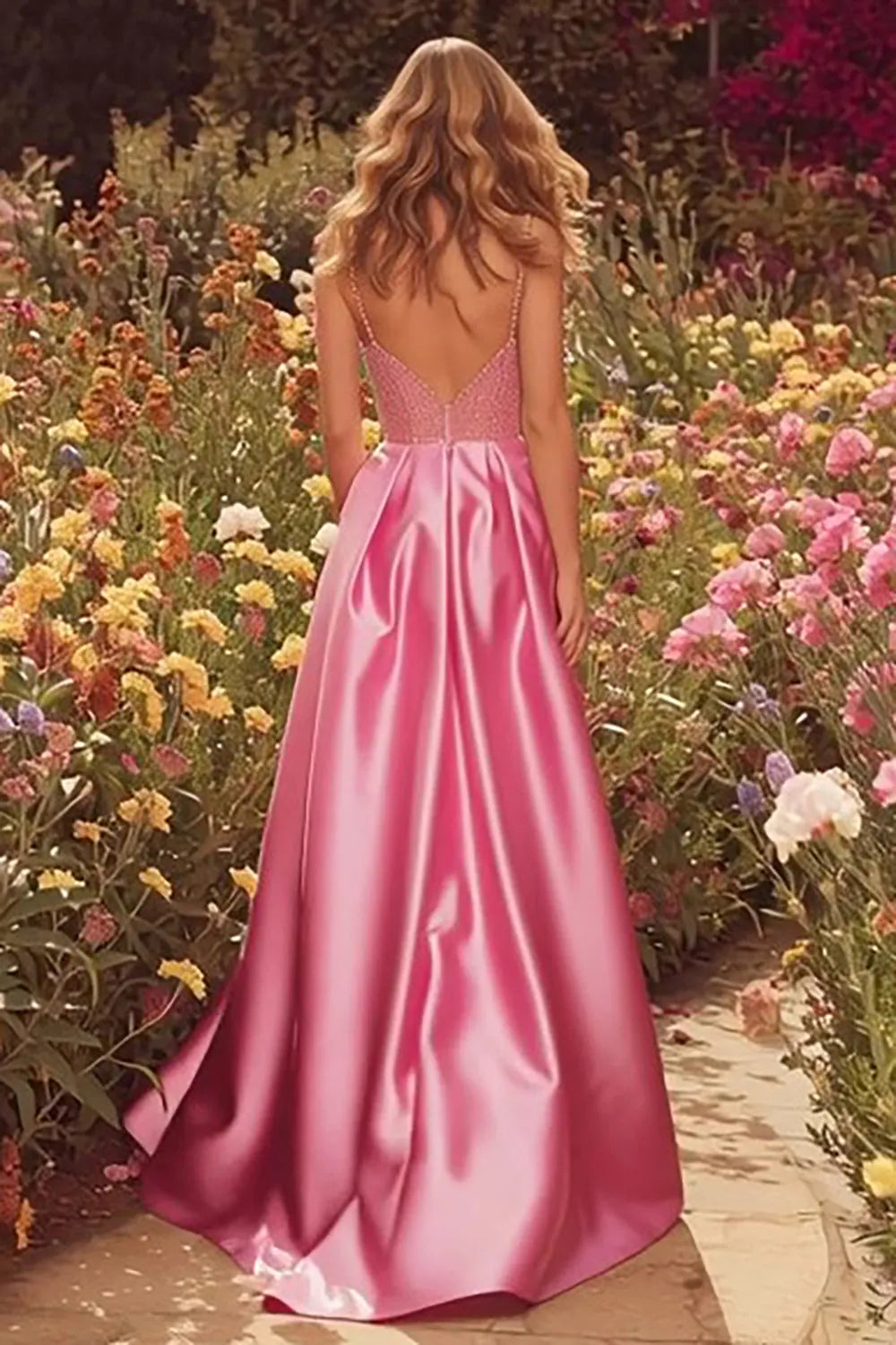 Sparkly Pink A-Line Deep-V Neck Spaghetti Straps Beaded Bodice Satin Floor-Length Prom Dress with Slit