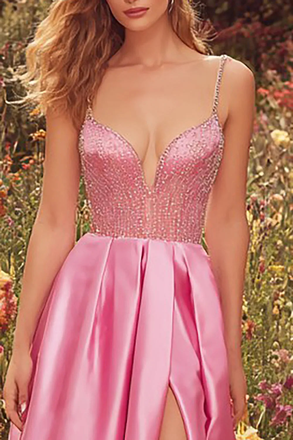 Sparkly Pink A-Line Deep-V Neck Spaghetti Straps Beaded Bodice Satin Floor-Length Prom Dress with Slit