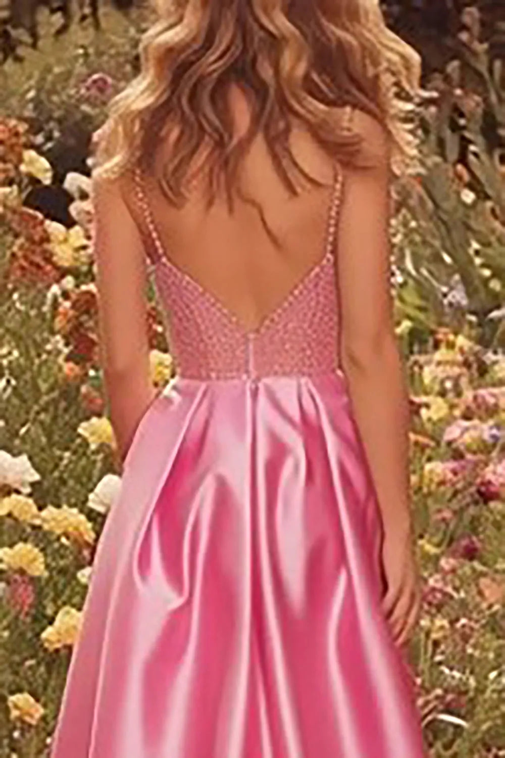 Sparkly Pink A-Line Deep-V Neck Spaghetti Straps Beaded Bodice Satin Floor-Length Prom Dress with Slit