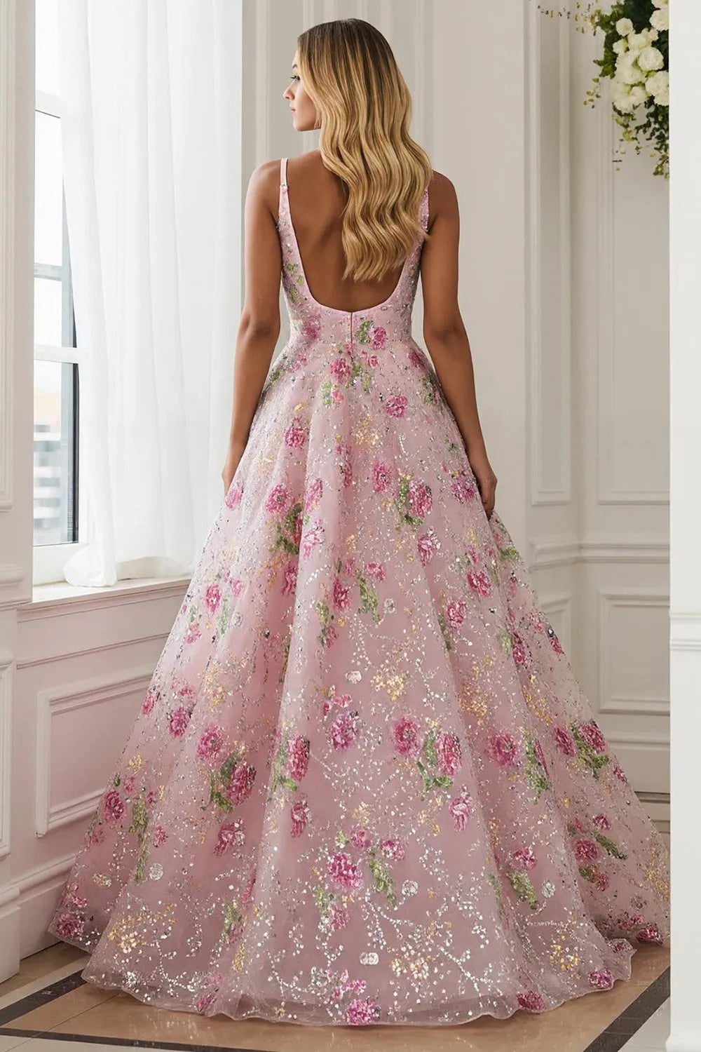 Sparkly Pink A-Line V-Neck Spaghetti-Straps Floral Embroidered Open-Back Floor-Length Prom Dress for women Hot Sale