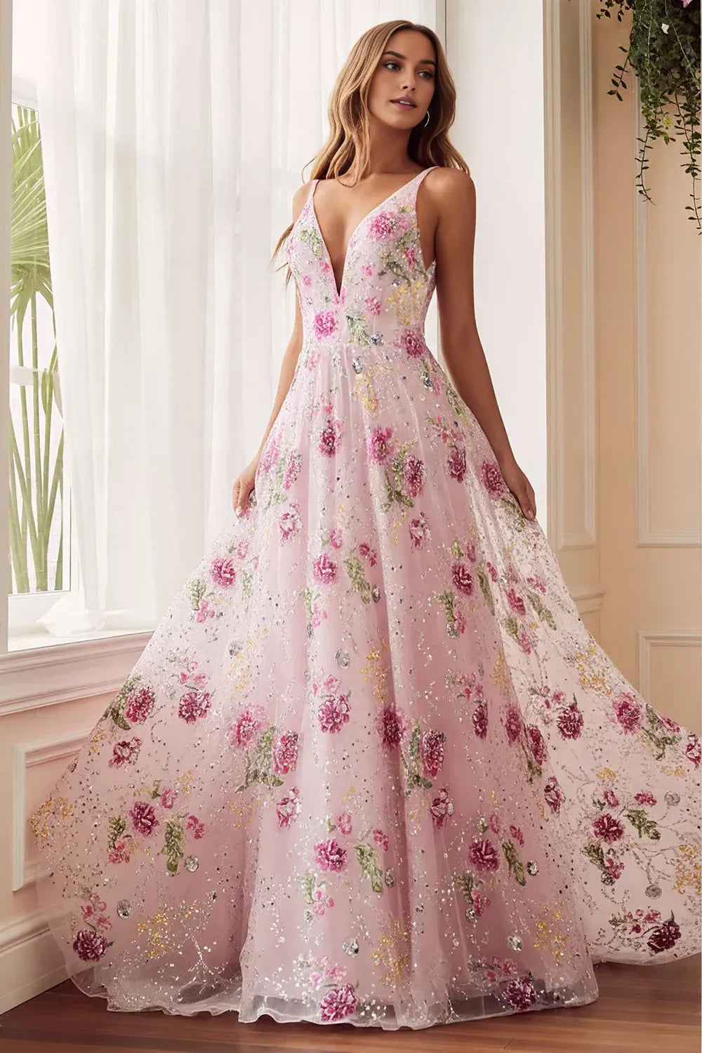 Sparkly Pink A-Line V-Neck Spaghetti-Straps Floral Embroidered Open-Back Floor-Length Prom Dress for women Hot Sale