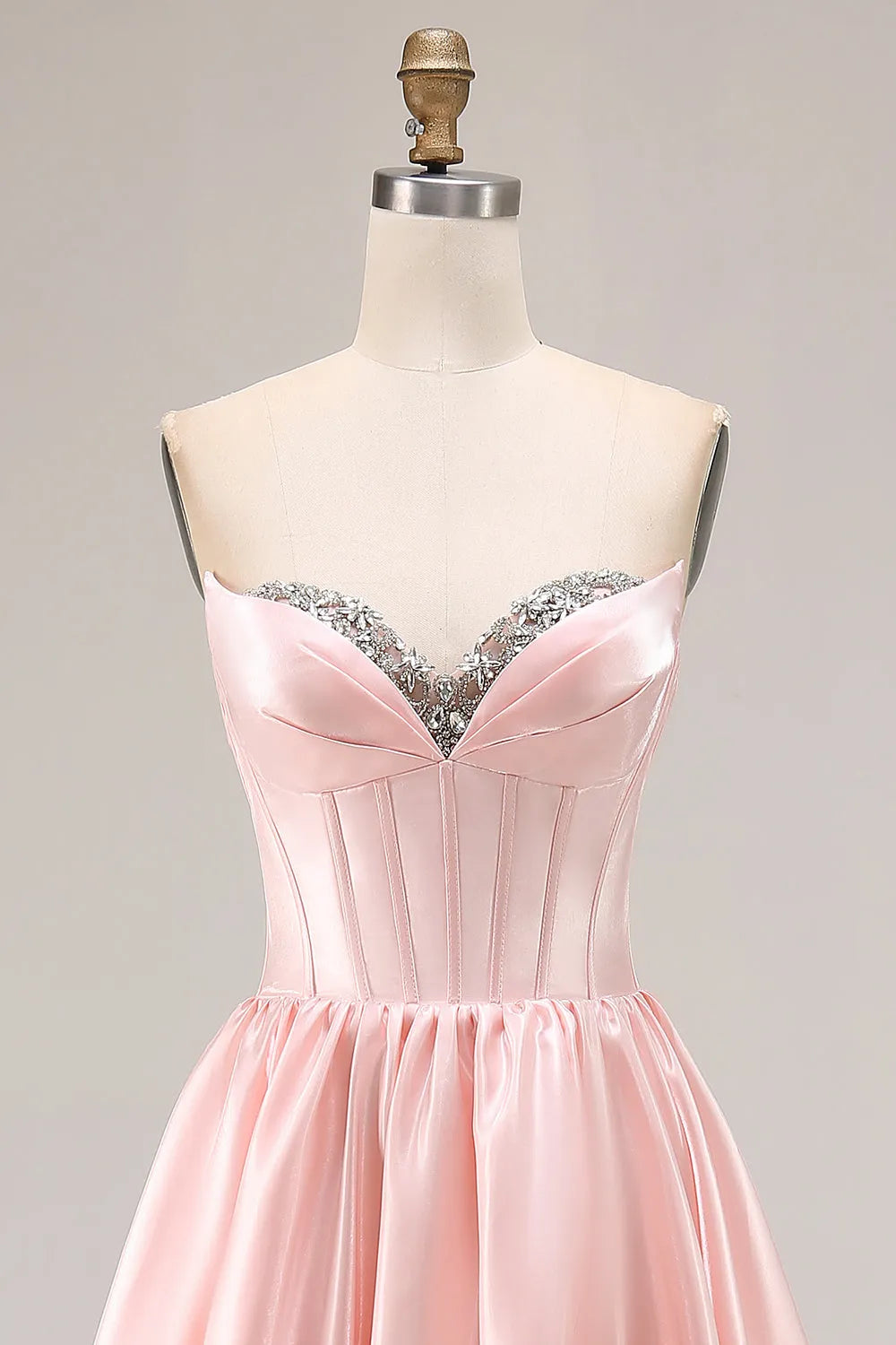 Sparkly Pink A Line Sweetheart  Neck Sleeveless Beading Satin Back Zip Floor-Length Prom Dress with Slit