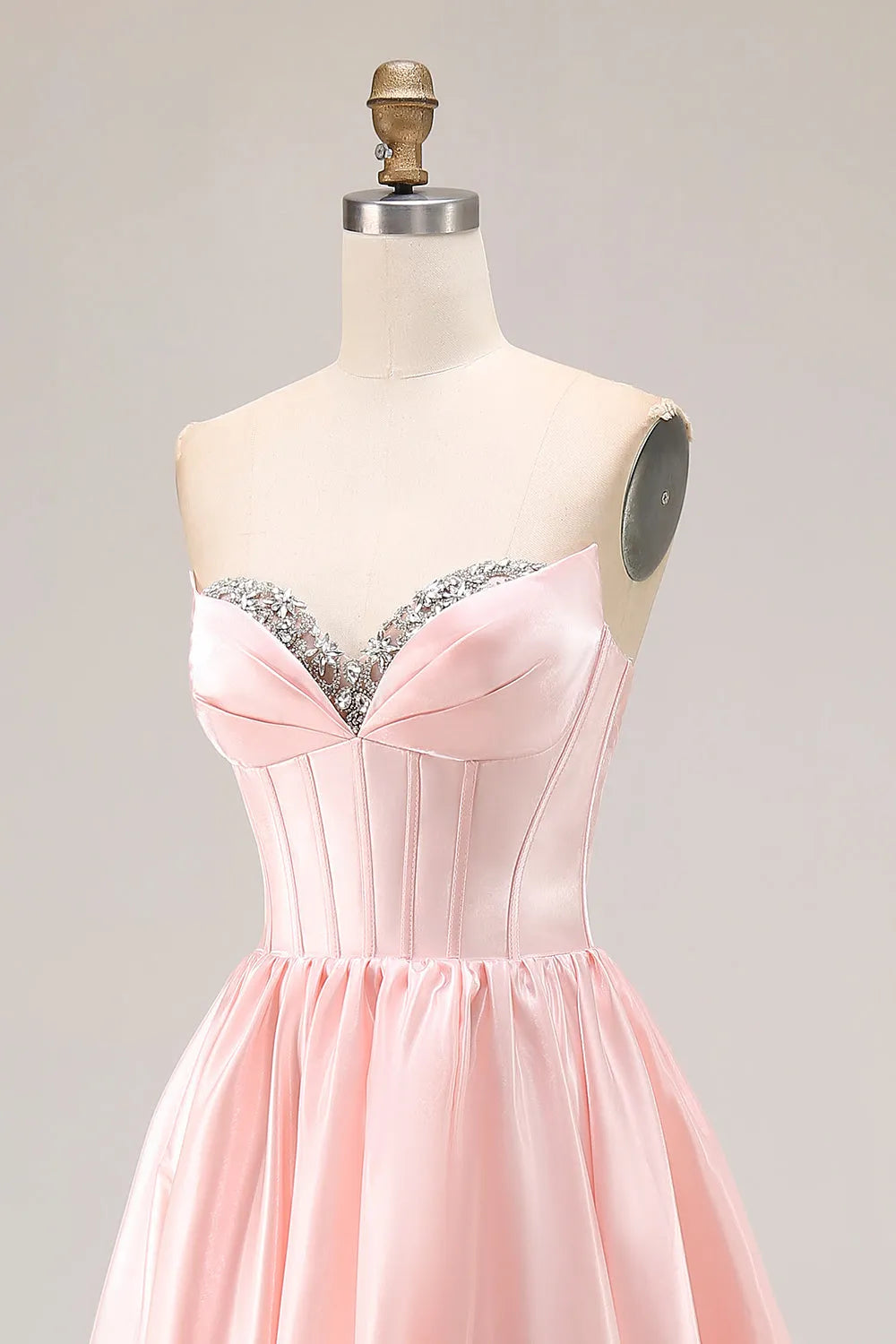 Sparkly Pink A Line Sweetheart  Neck Sleeveless Beading Satin Back Zip Floor-Length Prom Dress with Slit