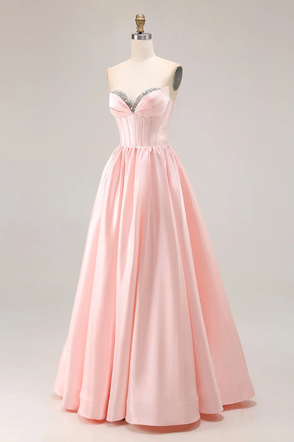 Sparkly Pink A Line Sweetheart  Neck Sleeveless Beading Satin Back Zip Floor-Length Prom Dress with Slit