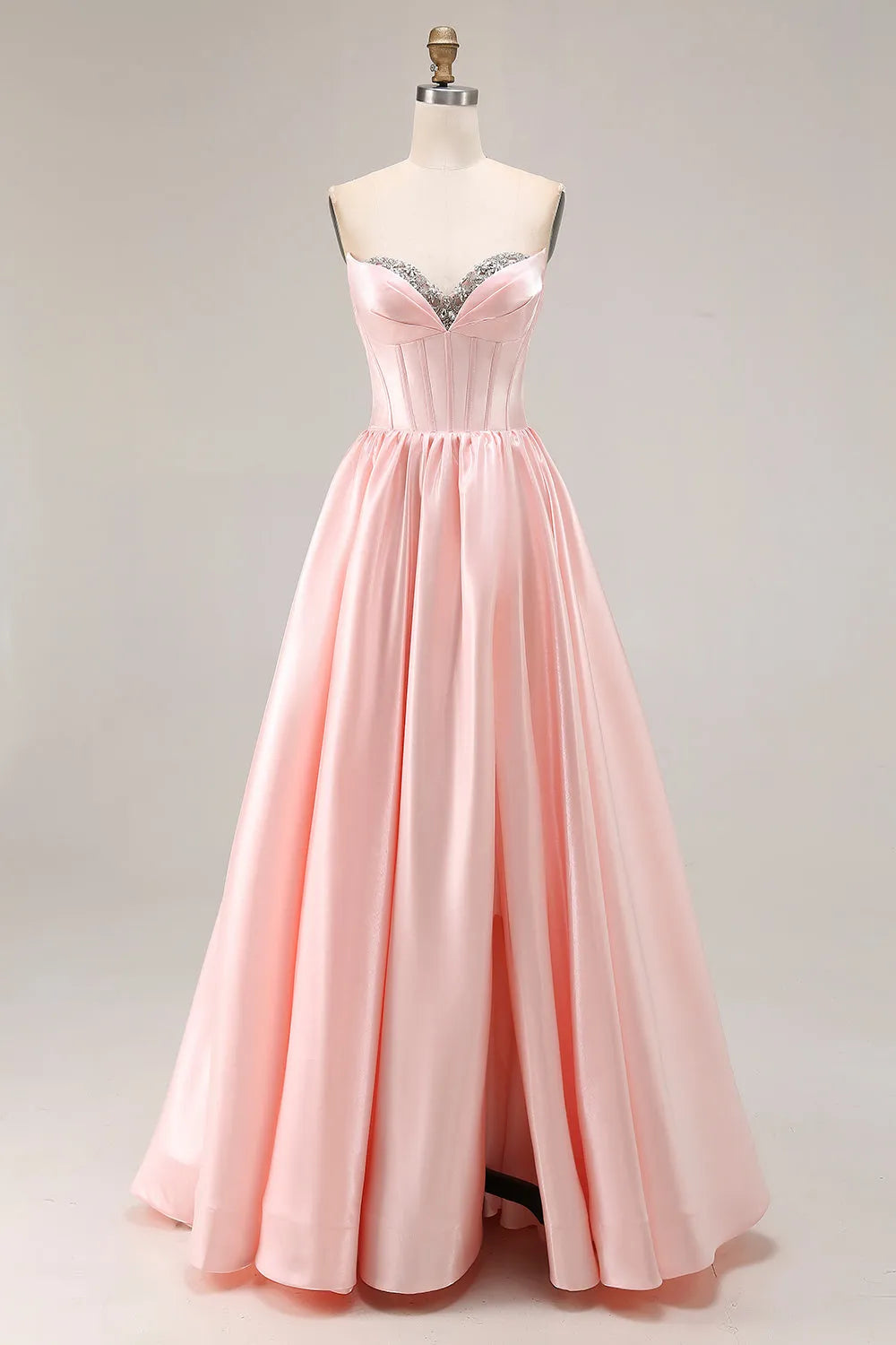 Sparkly Pink A Line Sweetheart  Neck Sleeveless Beading Satin Back Zip Floor-Length Prom Dress with Slit