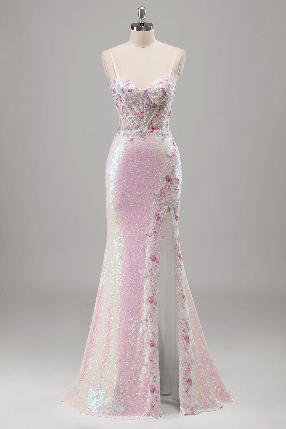 Sparkly Pink Mermaid Sequins Sheer Corset Open Back Long Prom Dress with Floral Slit