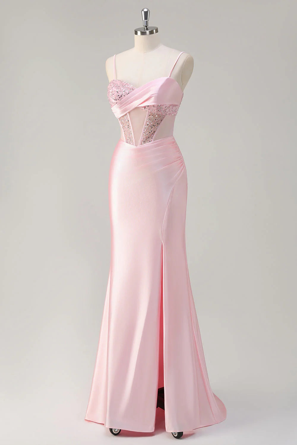Sparkly Pink Mermaid Sheer Corset Ruched Sequin Long Prom Dress with Slit