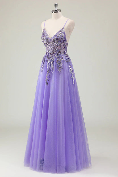 Sparkly Purple A-Line Corset Sequin Tulle Long Prom Dress with Appliques