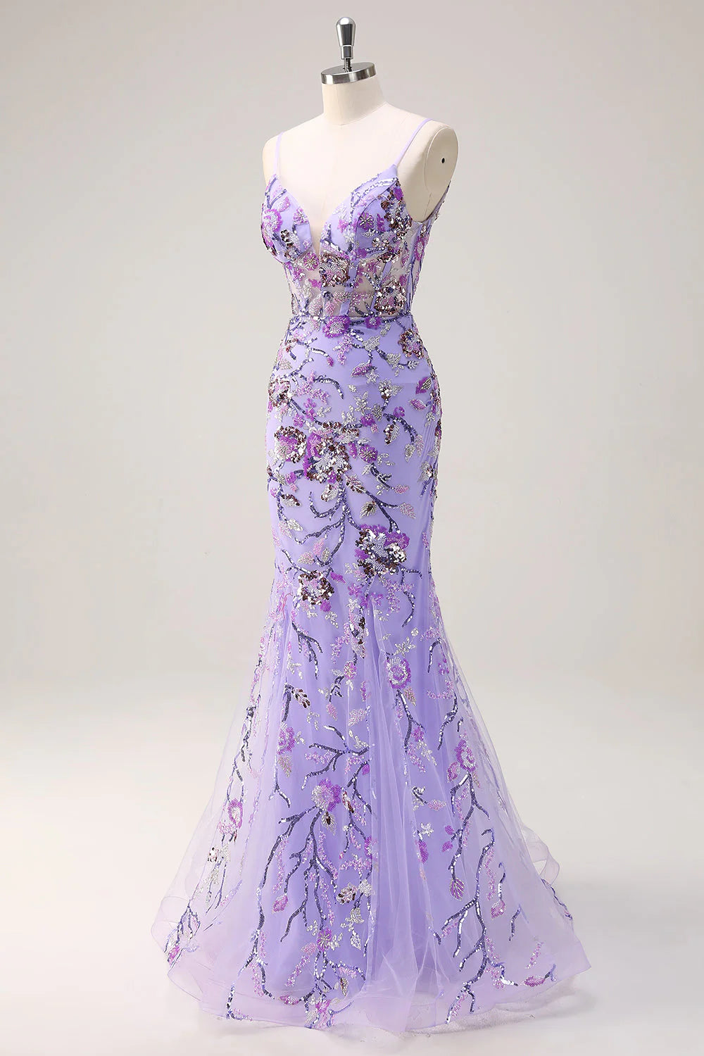 Sparkly Purple Mermaid Spaghetti Straps Backless Corset Long Prom Dress with Sequins