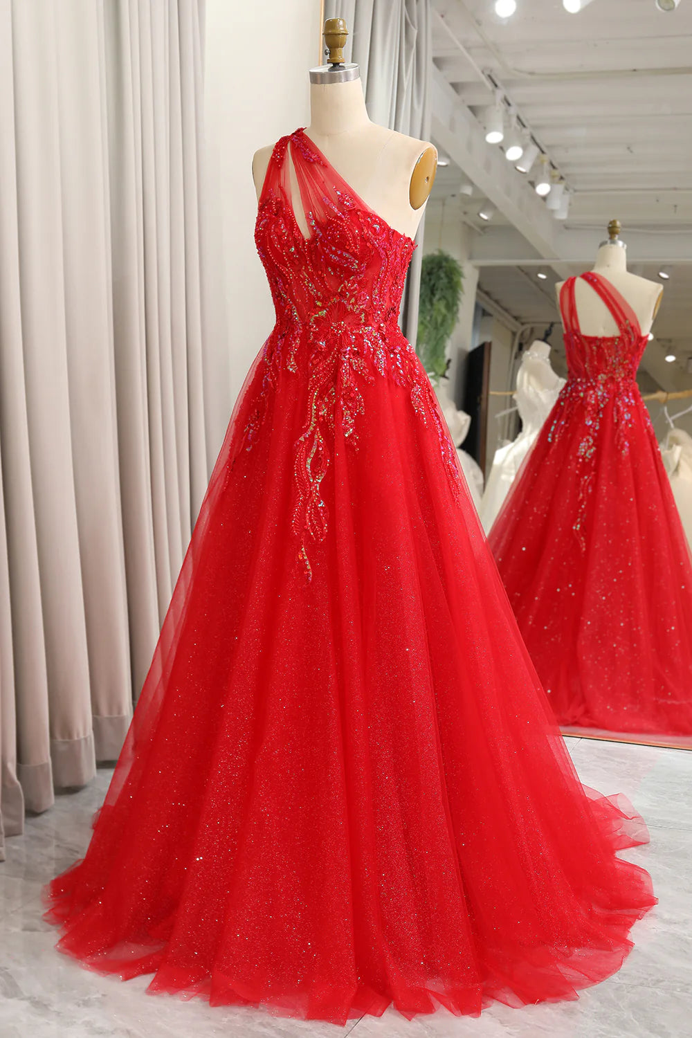 Sparkly Red A-Line One Shoulder Long Prom Dress With Sequins