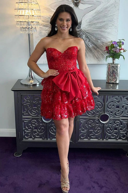Strapless  A-line sweetheart layered back to school dress with bow tie